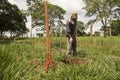 Ibitinga / Sao Paulo / Brazil - 01 23 2020: Mature man working as farmer under strong and bright sun.