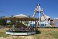Ibitinga, SP, Brazil - 02 07 2021: Pirate ship and carousel at an amusement park
