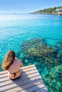 Ibiza bikini girl relaxed at Portinatx beach Royalty Free Stock Photo
