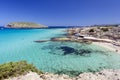 Ibiza - Cala Comte, overlooking the Cala Escondida and across the sea to Cala Comte with the island of Illa des Bosc