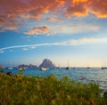 Ibiza cala d Hort with Es Vedra islet sunset Royalty Free Stock Photo