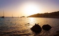 Ibiza cala d Hort with Es Vedra islet sunset Royalty Free Stock Photo