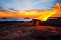 Ibiza fire at sunset in sant antonio de Portmany