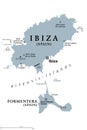 Ibiza and Formentera Island, Spain, gray political map, Pityusic Islands