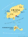 Ibiza and Formentera Island, Spain, political map, the Pityusic Islands
