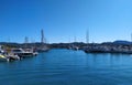 Ibiza, Port of San Antonio - October 16, 2019:boats at sea, mountains in the backround Royalty Free Stock Photo