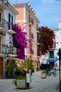 Ibiza Town. Ibiza.Spain - 28 may 2019. Beautiful street and colorful bougainvillea in the old town of Ibiza Town