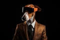 Ibizan Hound Dog In Suit And Virtual Reality On Black Background