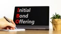 IBO initial bond offering symbol. Concept words IBO initial bond offering on beautiful black tablet. Beautiful white background.