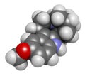 Ibogaine alkaloid molecule, found in Tabernanthe iboga. 3D rendering. Atoms are represented as spheres with conventional color