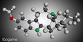 Ibogaine molecule. It is monoterpenoid indole alkaloid, psychoactive substance, hallucinogen, psychedelic. Molecular model. 3D