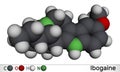 Ibogaine molecule. It is monoterpenoid indole alkaloid, psychoactive substance, hallucinogen, psychedelic. Molecular model. 3D