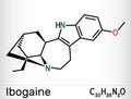 Ibogaine molecule. It is monoterpenoid indole alkaloid, psychoactive substance, hallucinogen, psychedelic. Skeletal chemical