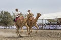 Omani man riding a camel on a coutryside of Oman Royalty Free Stock Photo