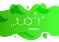 Ibuprofen chemical molecule structure with green liquid fluid gradient shape with copy space on white background