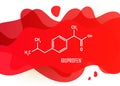 Ibuprofen chemical molecule structure with red liquid fluid gradient shape with copy space on white background