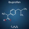 Ibuprofen molecule, is a nonsteroidal anti-inflammatory drug NSAID drug. Structural chemical formula on the dark blue background