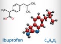 Ibuprofen molecule, is a nonsteroidal anti-inflammatory drug NSAID drug. Structural chemical formula and molecule model