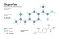 Ibuprofen. Nonsteroidal anti-inflammatory drug. C13H18O2. Structural Chemical Formula and Molecule 3d Model