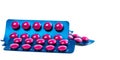 Ibuprofen in pink tablet pills pack in blue blister pack isolated on white background with copy space. Ibuprofen for relief pain Royalty Free Stock Photo