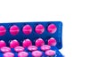 Ibuprofen in pink tablet pills pack in blue blister pack isolated on white background with copy space. Ibuprofen for relief pain Royalty Free Stock Photo