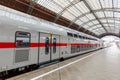 IC2 Intercity 2 double-deck train at Leipzig main station railway in Germany Royalty Free Stock Photo