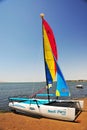 Ica Paracas Bay with its beaches and catamaran sailboat with colored sails in the Pacific Ocean of Peru Royalty Free Stock Photo