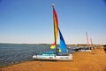 Ica Paracas Bay with its beaches and catamaran sailboat with colored sails in the Pacific Ocean of Peru Royalty Free Stock Photo