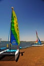 Ica Paracas Bay with its beaches and catamaran sailboat with colored sails in the Pacific Ocean of Peru Royalty Free Stock Photo