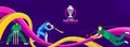 ICC Men\'s Cricket World Cup India 2023 Banner or Header Design in Purple Color, Illustration of Batter Player with Bowler