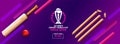 ICC Men\'s Cricket World Cup India 2023 Banner or Header Design in Purple Color and Realistic Cricket