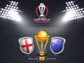 ICC Men\'s Cricket World Cup India 2023 Match Between England VS Australia with Golden Champions Trophy Cup on Dark Stadium