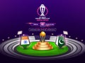 ICC Men\'s Cricket World Cup India 2023 Match Between India VS Pakistan with 3D Flag Shield, Realistic Golden Champions Troph