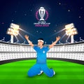 ICC Men\'s Cricket World Cup India 2023 Poster Design, Cricket Bowler or Fielder Character in Winning Pose on Stadium Royalty Free Stock Photo