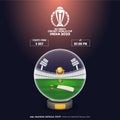 ICC Men\'s Cricket World Cup India 2023 Poster Design with Closeup View of Champions Trophy Cup with Stadium in Glass