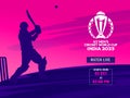 ICC Men\'s Cricket World Cup India 2023 Poster Design in Pink and Purple Color and Silhouette Batter Player Hitting The