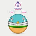 ICC Men\'s Cricket World Cup India 2023 Poster Design with Stadium View in Circular Shape and Realistic Golden Champions