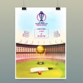 ICC Men\'s Cricket World Cup India 2023 Template Design in Stadium View with Golden Champions Troph