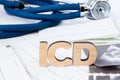 ICD Acronym or abbreviation to implantable cardioverter defibrillator as device that monitors heart rhythm problems. Word ICD is a Royalty Free Stock Photo