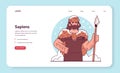 Ice age period web banner or landing page. Caveman with a spear wearing