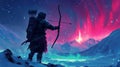 Ice Archer Fires Arrow Under Aurora Sky . Royalty Free Stock Photo