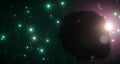 Ice asteroid eclipsing star as it travels through the cold expanse of space on a backdrop of green stars