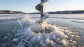 Ice Auger Drilling Hole in Frozen Lake Royalty Free Stock Photo