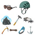 Ice ax, conquered top, mountains in the clouds and other equipment for mountaineering.Mountaineering set collection