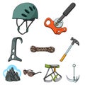 Ice ax, conquered top, mountains in the clouds and other equipment for mountaineering.Mountaineering set collection