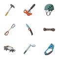 Ice ax, conquered top, mountains in the clouds and other equipment for mountaineering.Mountaineering set collection