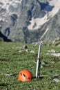 Ice-axe and helmet. Royalty Free Stock Photo