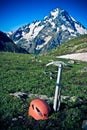 Ice-axe and helmet. Royalty Free Stock Photo