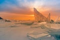 Ice on Baikal lake with sunset background, Baikal Russia winter season