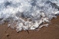 Ice on beach. Border of winter and summer. Ice and sand. Cold and warm. Contrast transition